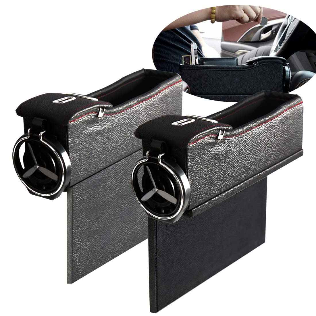 N / A Maodaner Universal Car Seat Gap Filler Premium PU Leather Side Pocket Organizer, Seat Crevice Storage Box with Cup Holder for Smartphone Coin Wallet Key, Car Interior Accessories 2PCS (Black)