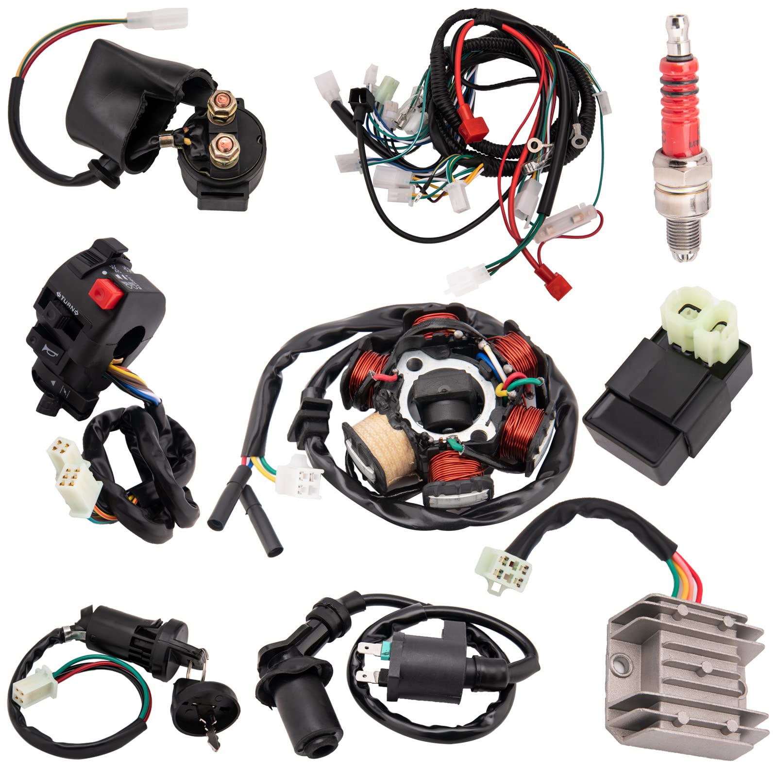 Complete Wiring Harness kit for ATV Quad 4 Four Wheelers GY6 50CC 70CC 110CC 125CC Go Kart Dirt Pit Bikes With Electrics Stator Coil CDI Wiring Harness Solenoid Relay Spark Plug by KAKO