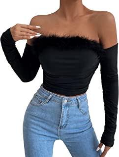 Women's Retro Feather Collar Shirt Long Sleeve Top Off Shoulder Slim Sexy Top Plus Size Clothing for Men