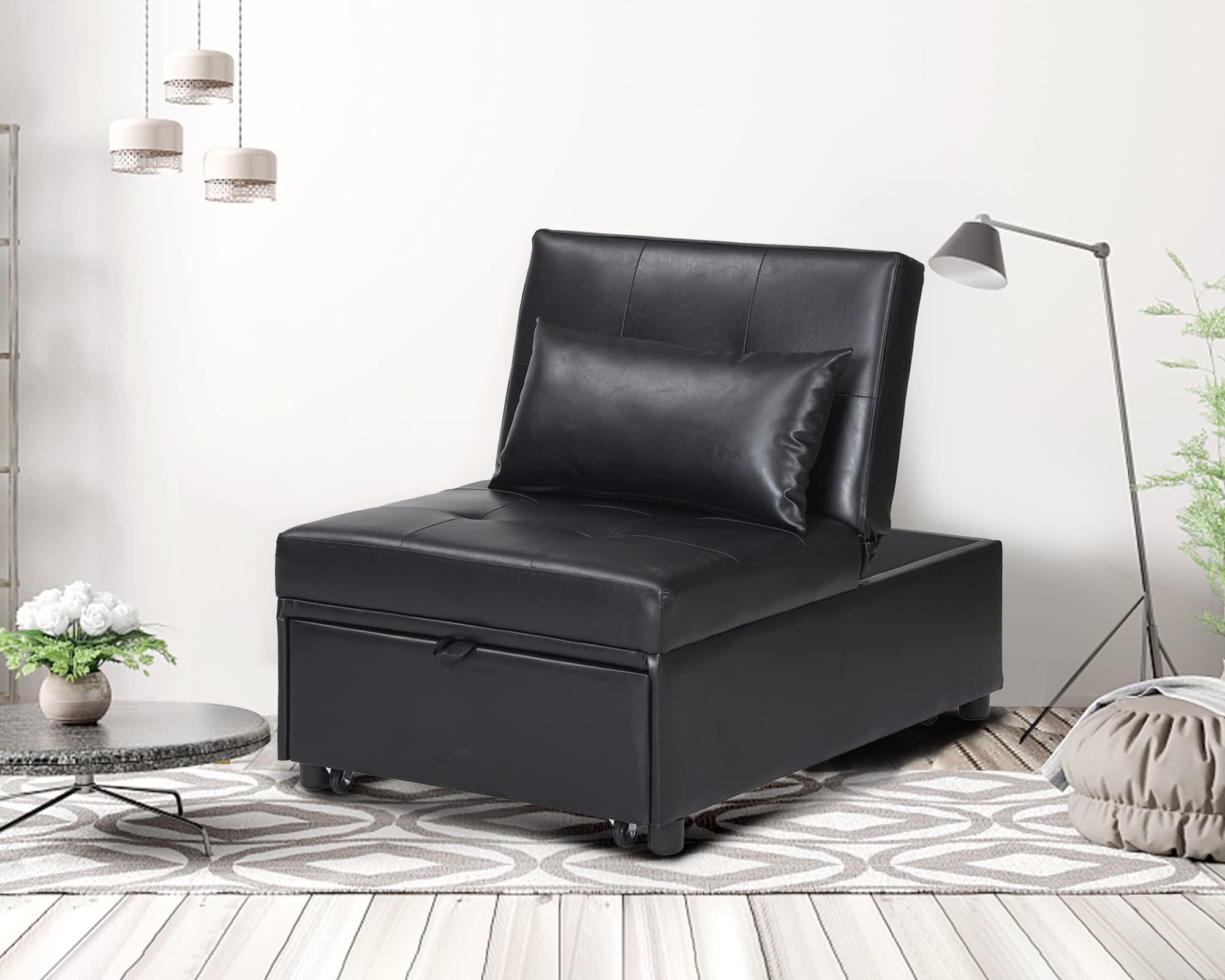 Sleeper Chair Bed, Convertible Chair Bed 4 in 1 Multi-Function Folding Ottoman Sofa Bed with Adjustable Backrest, Modern Single Bed Chair for Living Room/Small Space/Apartment, Black Faux Leather