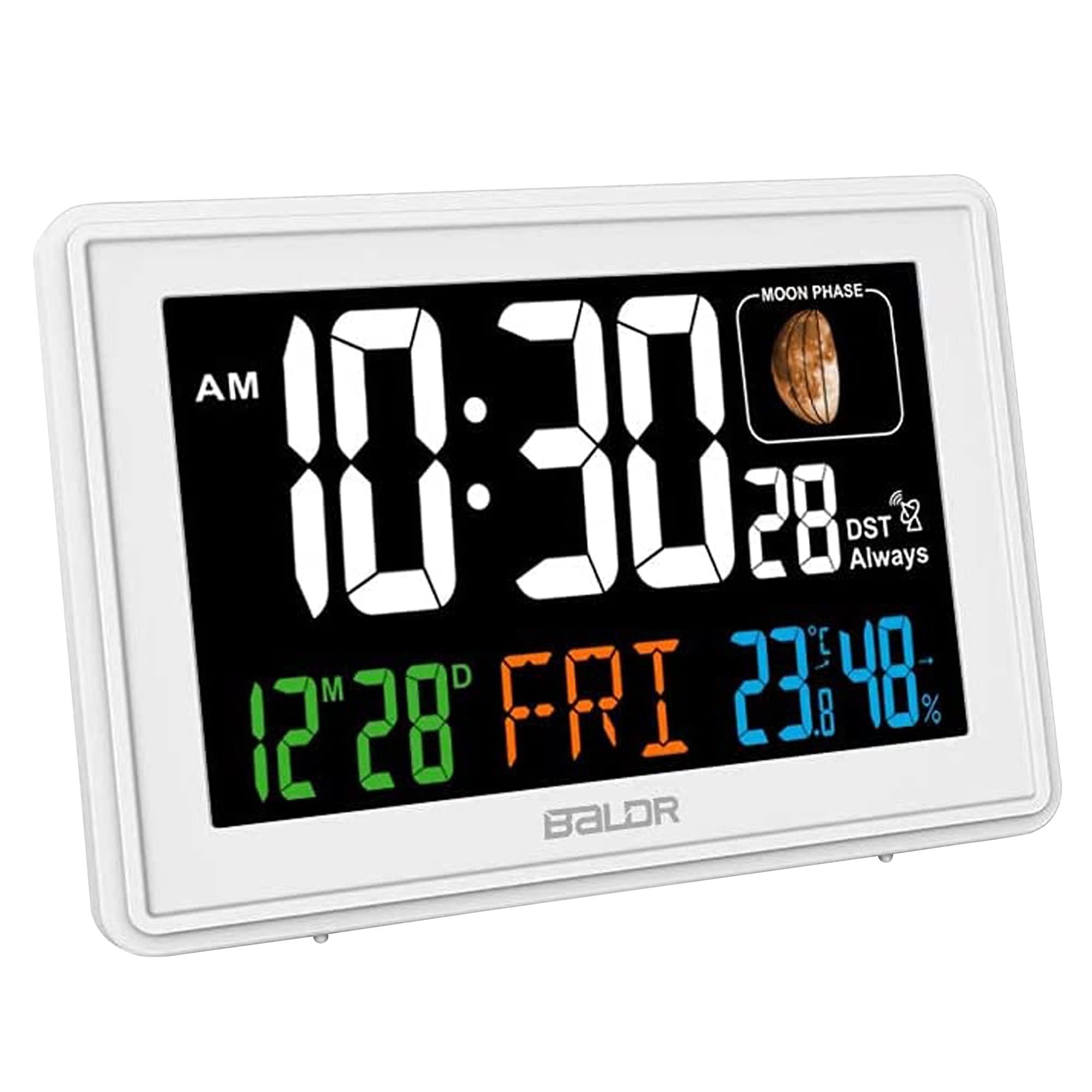 BALDR Atomic Alarm Clock - Large Color Display Digital Desk Clock - With Indoor Thermometer for Temperature & Humidity - Date & Real-Time Moon Phases - Perfect Office Clock or Nightstand Clock (White)