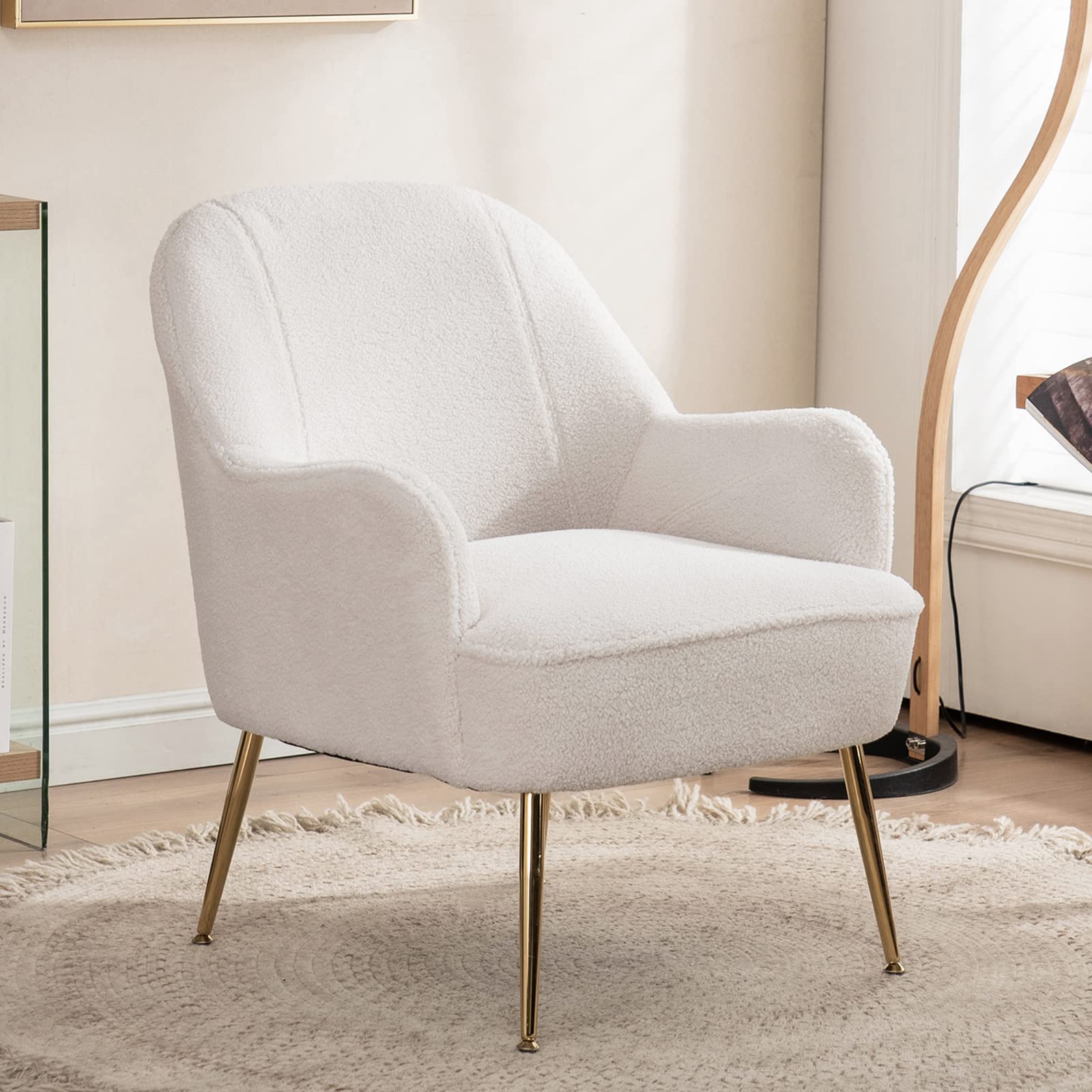 LUCKHAO Accent Chairs for Living Room,Modern Teddy Barrel Chair,Comfy Upholstered Armchair for Reading Single Sofa for Bedroom Reception Room Office with Gold Metal Legs(White)