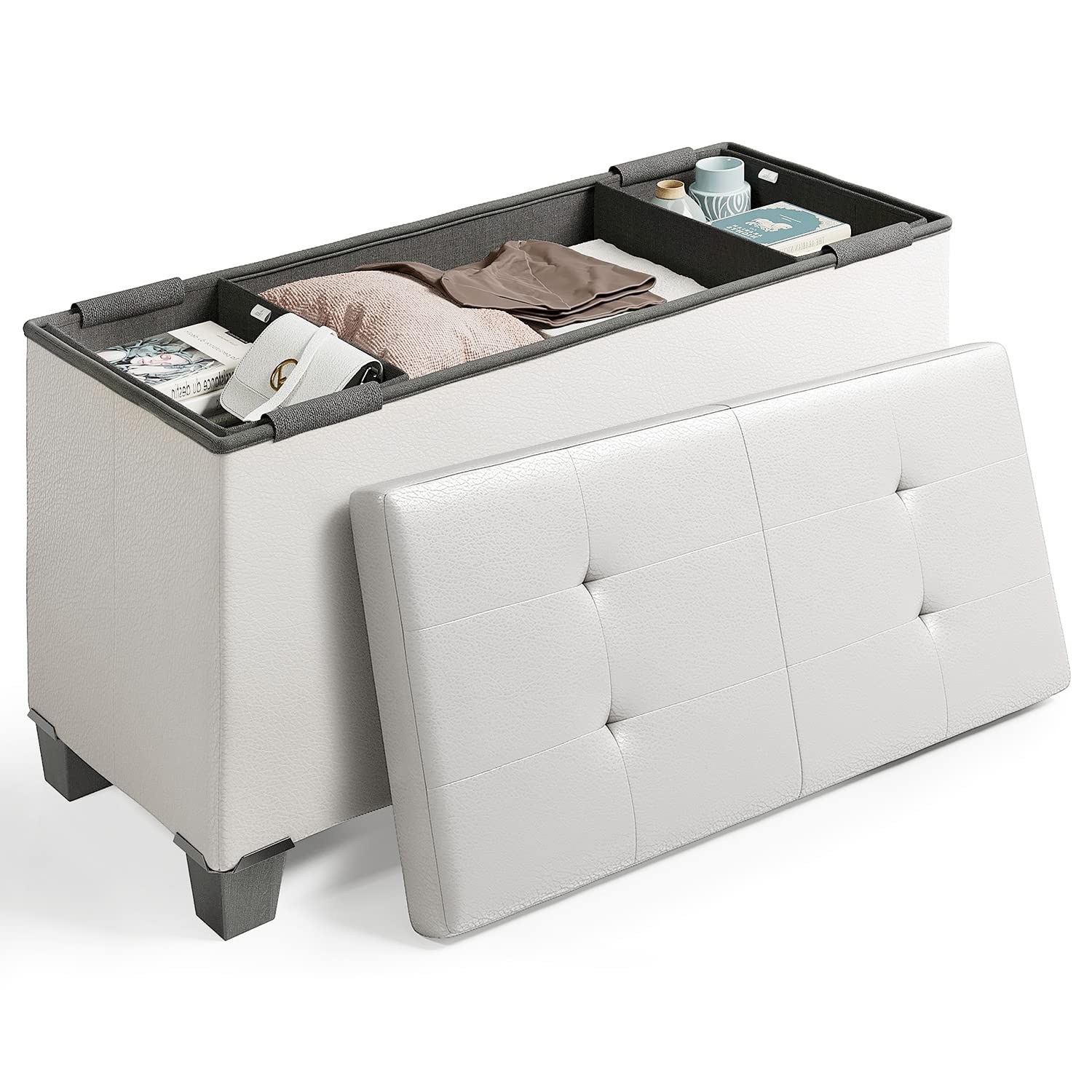 Storage Ottoman Bench with Storage Bins, 30-In Storage Bench for Bedroom End of Bed, Folding Foot Rest Ottoman with Storage for Living Room, Storage Chest Max 660lbs, Faux Leather Ottoman, White