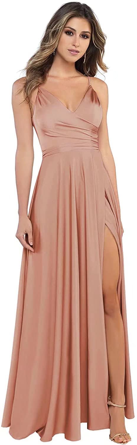 V-Neck Bridesmaid Dresses Long Spaghetti Satin Slit Prom Formal Evening Party Dresses with Pockets