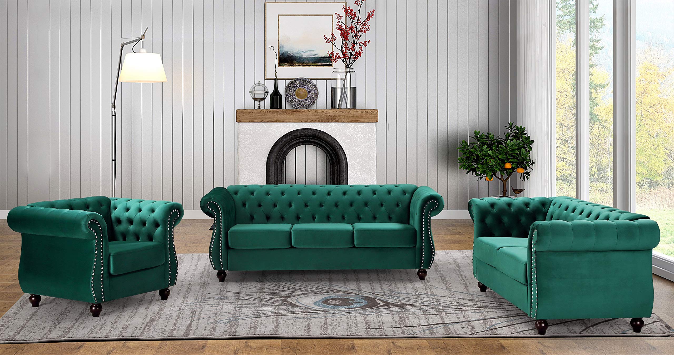 Container Furniture Direct Modern Velvet Upholstered Living Room Chesterfield Set, 3 Piece, 3PC Sofa, Green