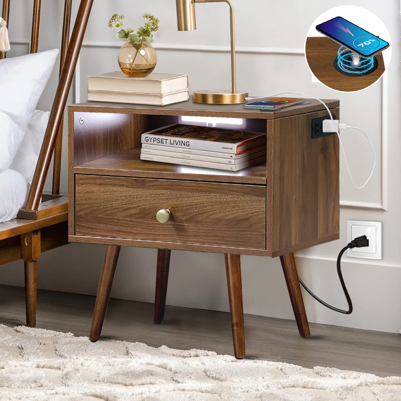 Nightstand with Charging Station and Led Lights, Mid Century Modern Nightstand with Wireless Charger, Wooden Bedside Storage Cabinet for Bedroom, Large Single Drawer & an Open Shelf, Walnut