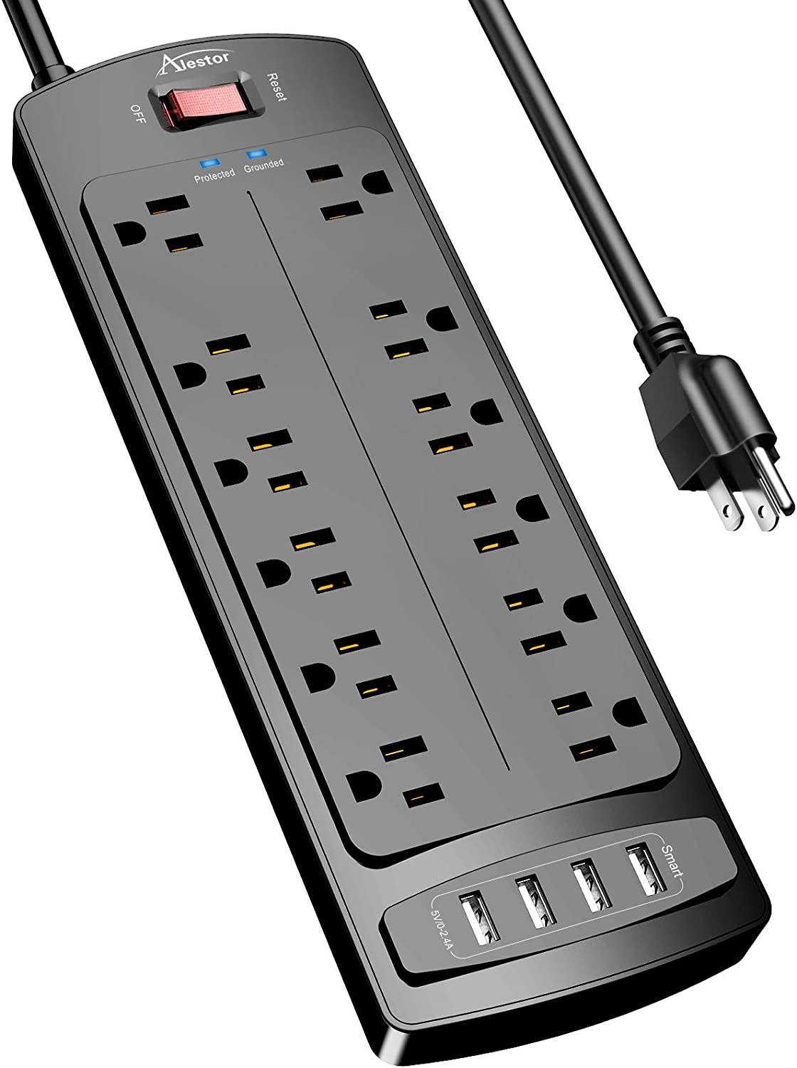         Power Strip, ALESTOR Surge Protector with 12 Outlets and 4 USB Ports, 6 Feet Extension Cord (1875W/15A), 2700 Joules, ETL Listed, Black…       