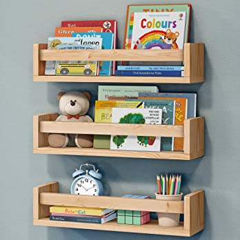          NATURE SUPPLIES Nursery Book Shelves, Set of 3 Floating Bookshelves for Wall for Nursery Decor & Playroom Decor, Book Shelf Wall, Wall Bookshelf Kids, Baby Book Shelf Organizer for Kids (Natu