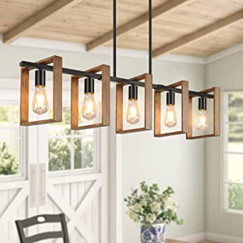          53’’ Farmhouse Kitchen Island Lighting, 5-Light Adjustable Dining Room Light Fixtures, Rustic Wood Chandeliers Black Hanging Light Fixtures for Kitchen, Pool Table Lights, Bulbs Not Included 