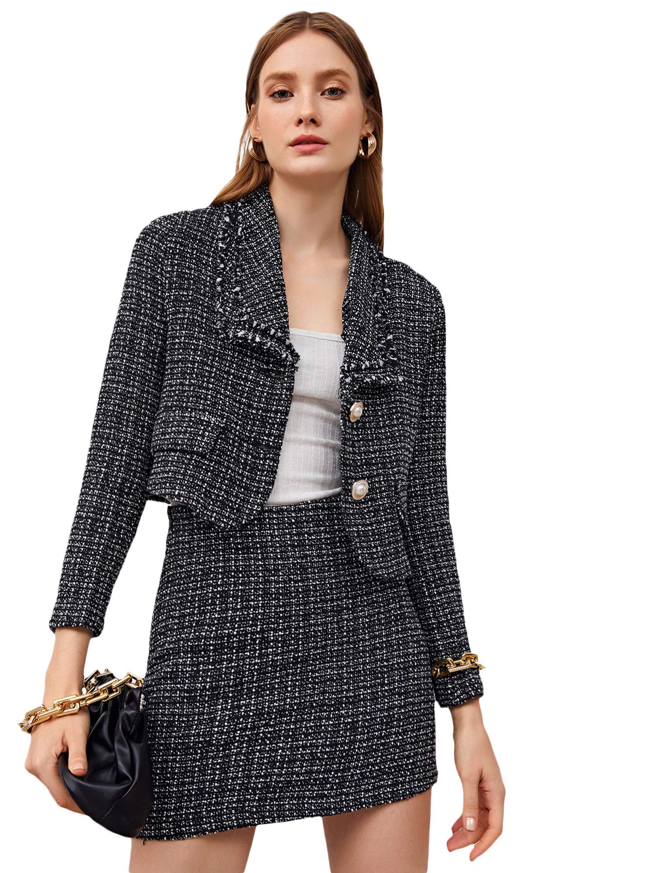 Women's Business Suit 2 Pieces Tweed Blazer Jacket Coat and Skirt Set