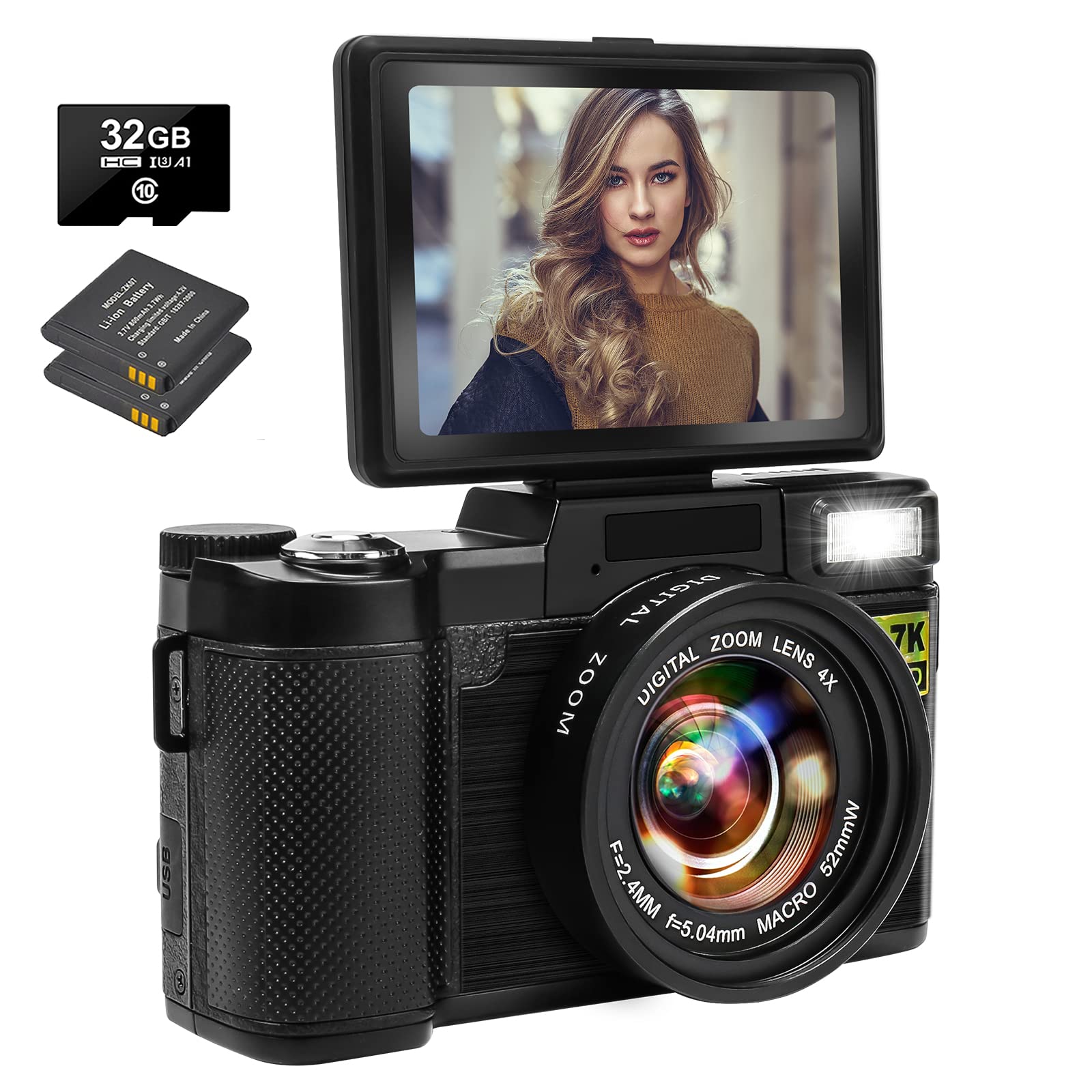 Digital Camera for Photography, 2.7K 30MP Vlogging Camera for YouTube with 32GB SD Card, Portable Digital Video Camera for Begginers,Teens with 3.0 Inch 180 Degree Flip Screen, 2 Batteries