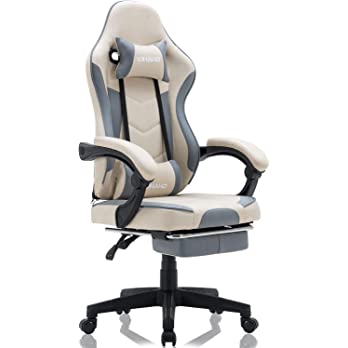          OHAHO Gaming Chair Racing Style Office Chair Adjustable Massage Lumbar Cushion Swivel Rocker Recliner Leather High Back Ergonomic Computer Desk Chair with Footrest (Beige)        