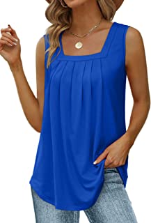 Summer Tank Tops for Women Loose Fit Pleated Square Neck Sleeveless Tops Curved Hem Flowy