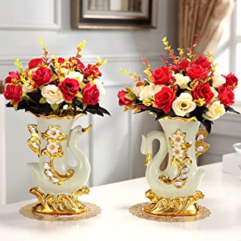          NBHUZEHUA 2pcs Swan Statue Vase Ceramic Flower Vases Wedding Reception Decor Engagement Gifts for Couples        