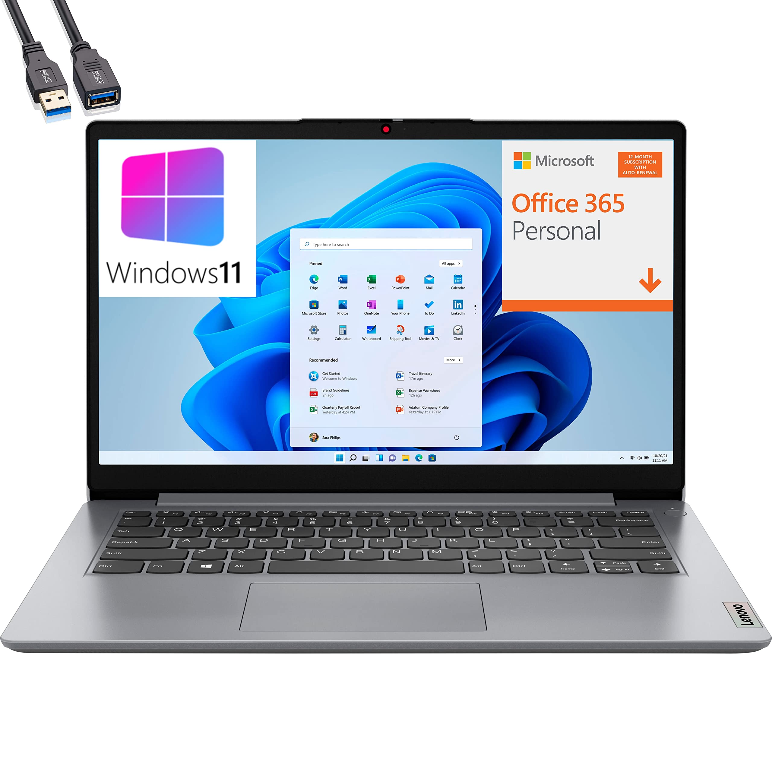 Lenovo IdeaPad 1i 14" Laptop Computer, Quad-Core Intel Pentium Silver N5030 Processor, 4GB DDR4 RAM, 128GB eMMC, WiFi 6, Bluetooth 5.1, Cloud Grey, Windows 11 S, BROAG USB Extension Cable