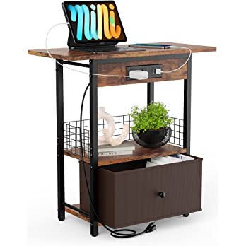          GiveBest End Table with Charging Station, Narrow Side Table with USB Ports and Outlets, Sofa Couch Table for Small Spaces, Slim Bedside Table Nightstand with Storage for Living Room Bedroom O