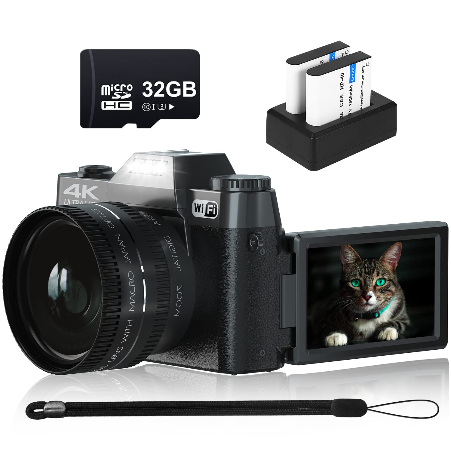 VJIANGER Digital Camera for Photography 4K 48MP Vlogging Camera for YouTube with WiFi, 16X Digital Zoom, 52mm Wide Angle & Macro Lens, 2 Batteries, 32GB TF Card(W02-Black2)