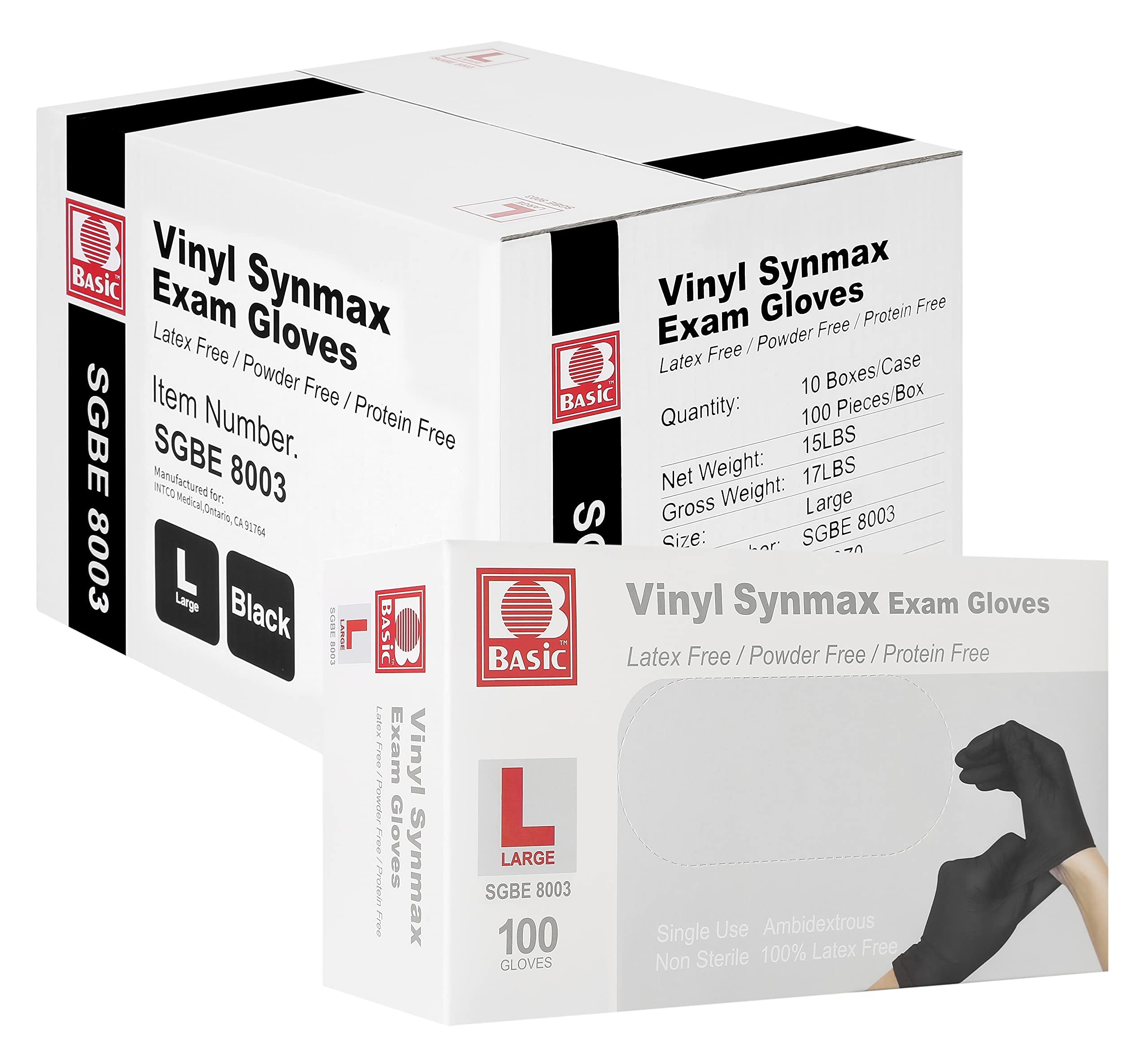 Basic Medical Synmax Black Vinyl Exam Gloves, 4 Mil Safety Medical Glove, Latex-Free & Powder-Free, Case of 1000 pcs (BLACK)