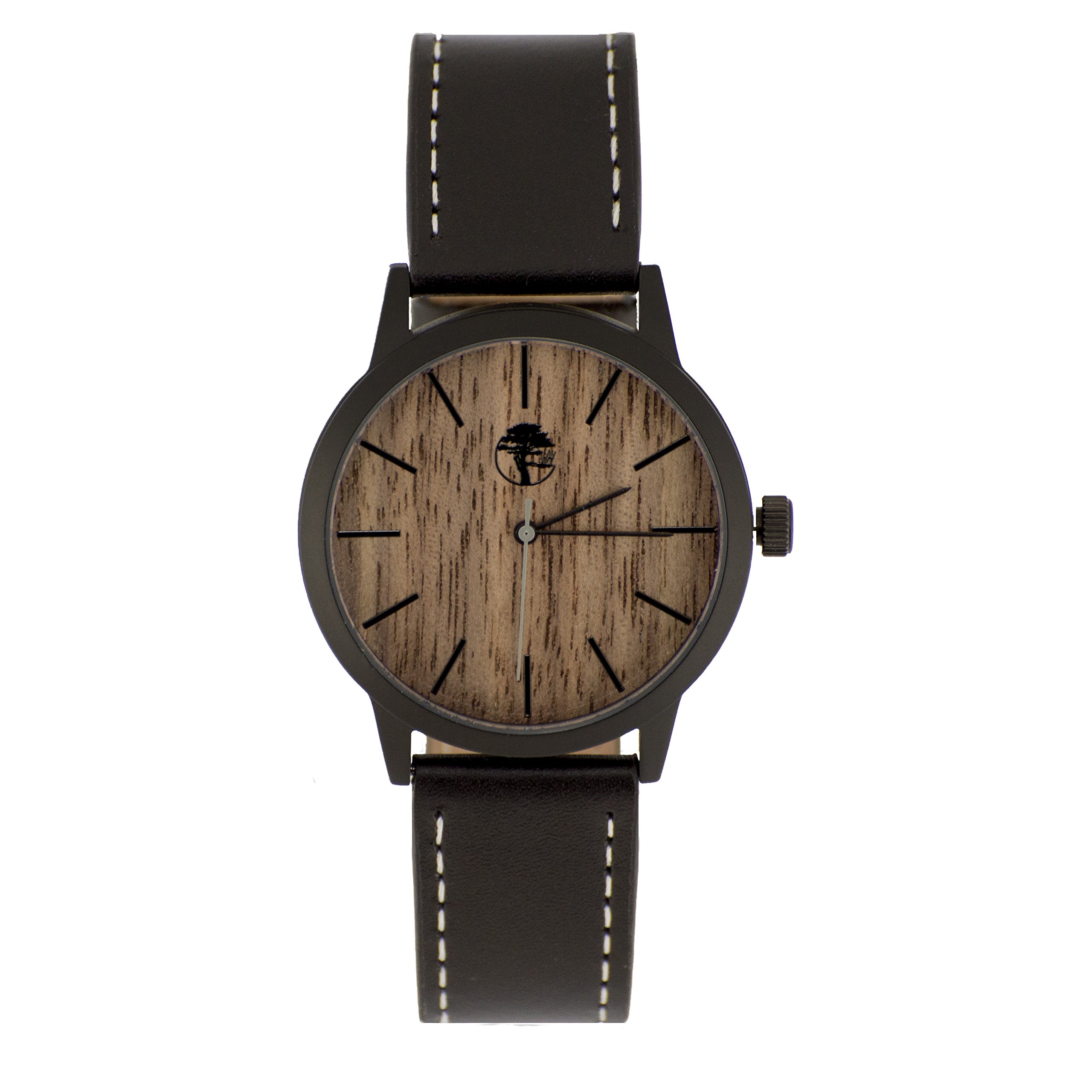 Men’s Wood Watch Walnut Waterproof Black Steel Case Quartz Movement Genuine Leather Strap