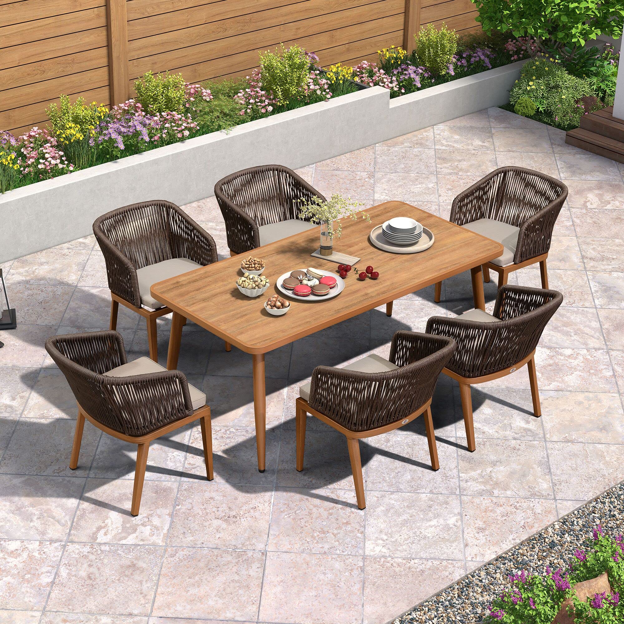 PURPLE LEAF 7 Pices Patio Dining Set All-Weather Outdoor Metal Furniture Set with Cushions Wicker Patio Dining Table and Chairs