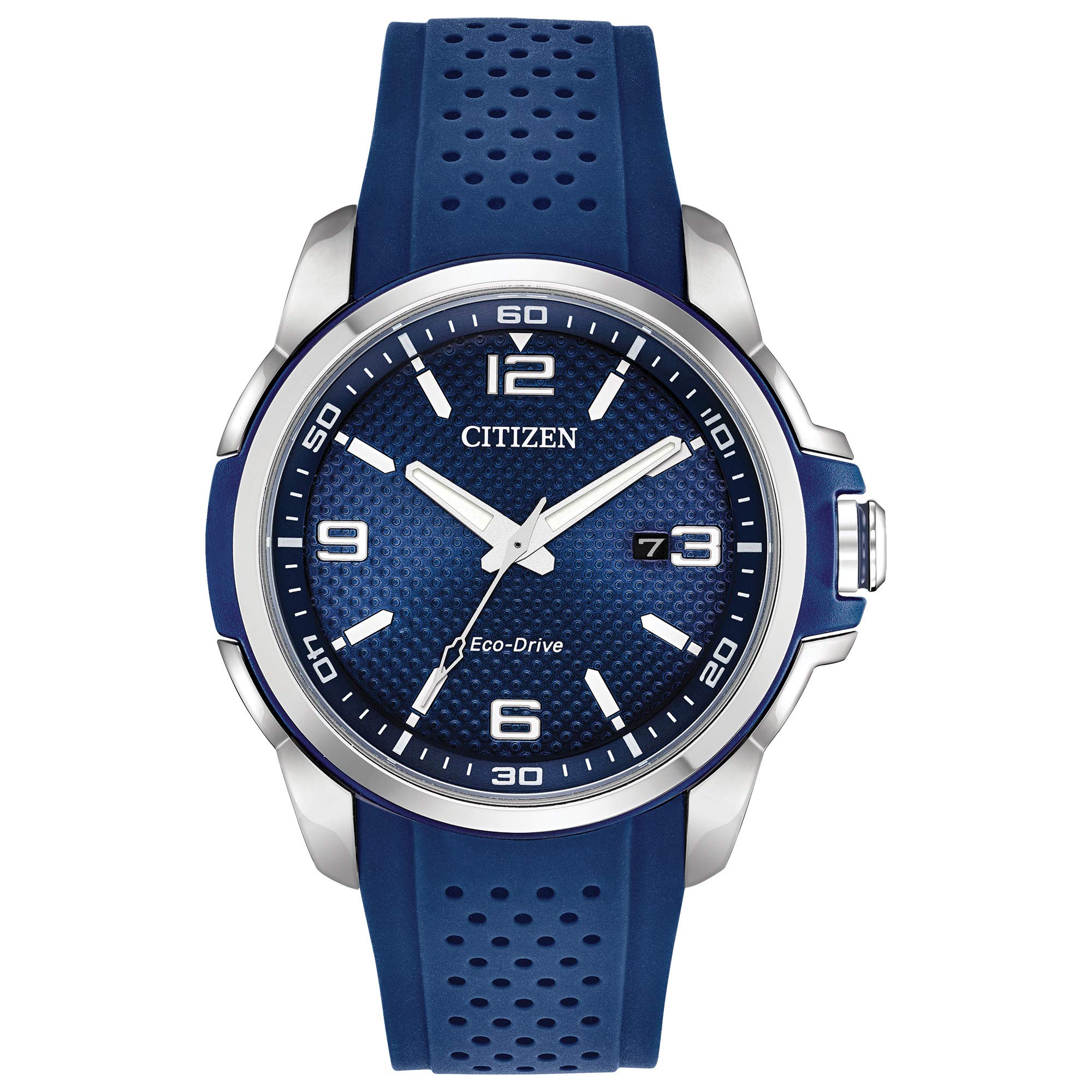 Men's Eco-Drive Weekender Watch in Stainless Steel with Blue Polyurethane strap, Blue Dial (Model: AW1158-05L)