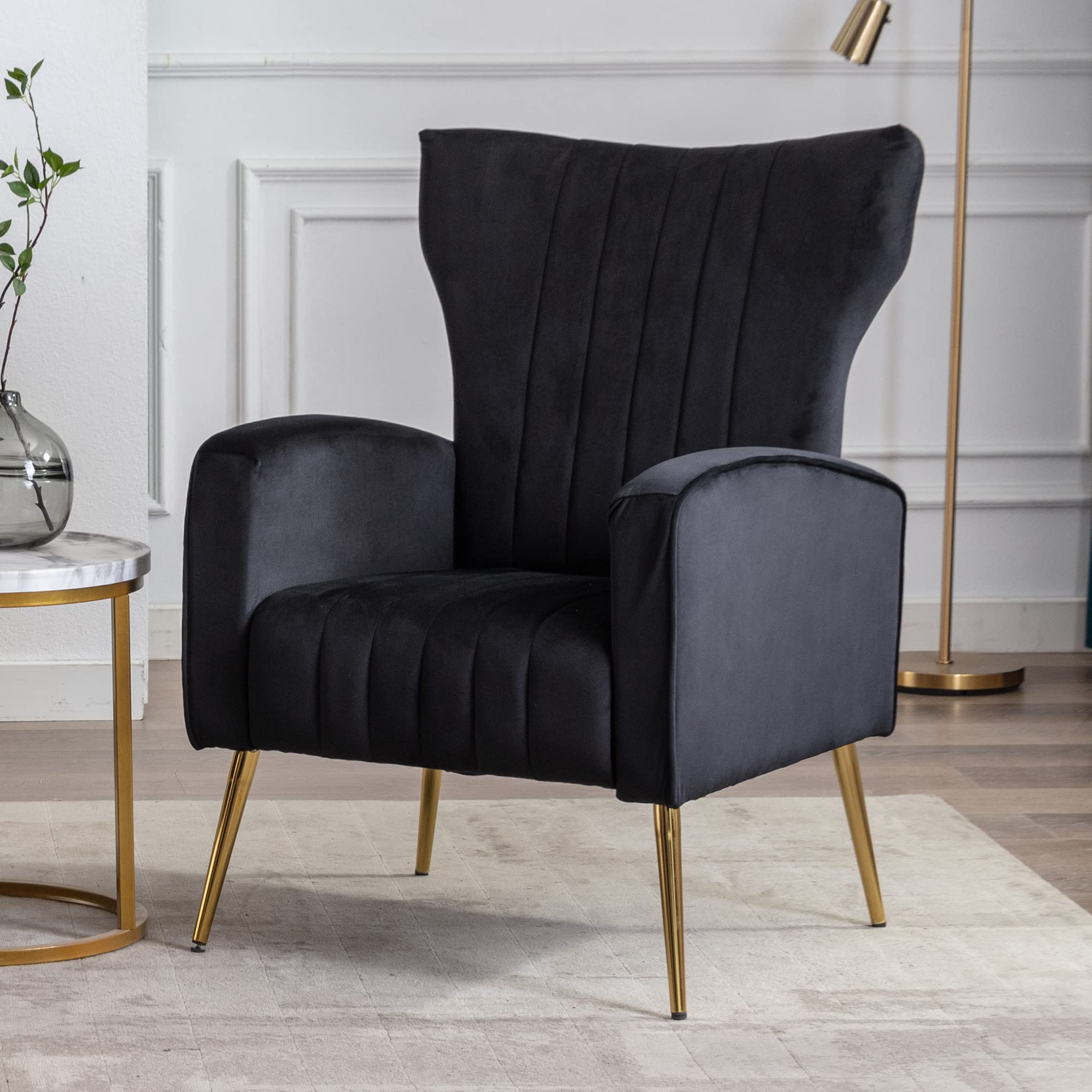 civama Velvet Accent Chair 1PCS, Wingback Armchair, Modern High Back Single Sofa, Comfy Leisure Upholstered Mid-Century Club Chair Padding Seat with Metal Gold Legs for Living Room Bedroom, Black