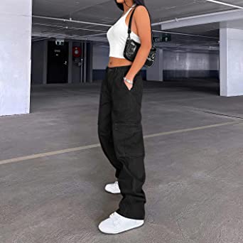          Lepunuo Cargo Pants for Women High Waisted Casual Pants Baggy Stretchy Wide Leg Y2K Streetwear with 6 Pockets        