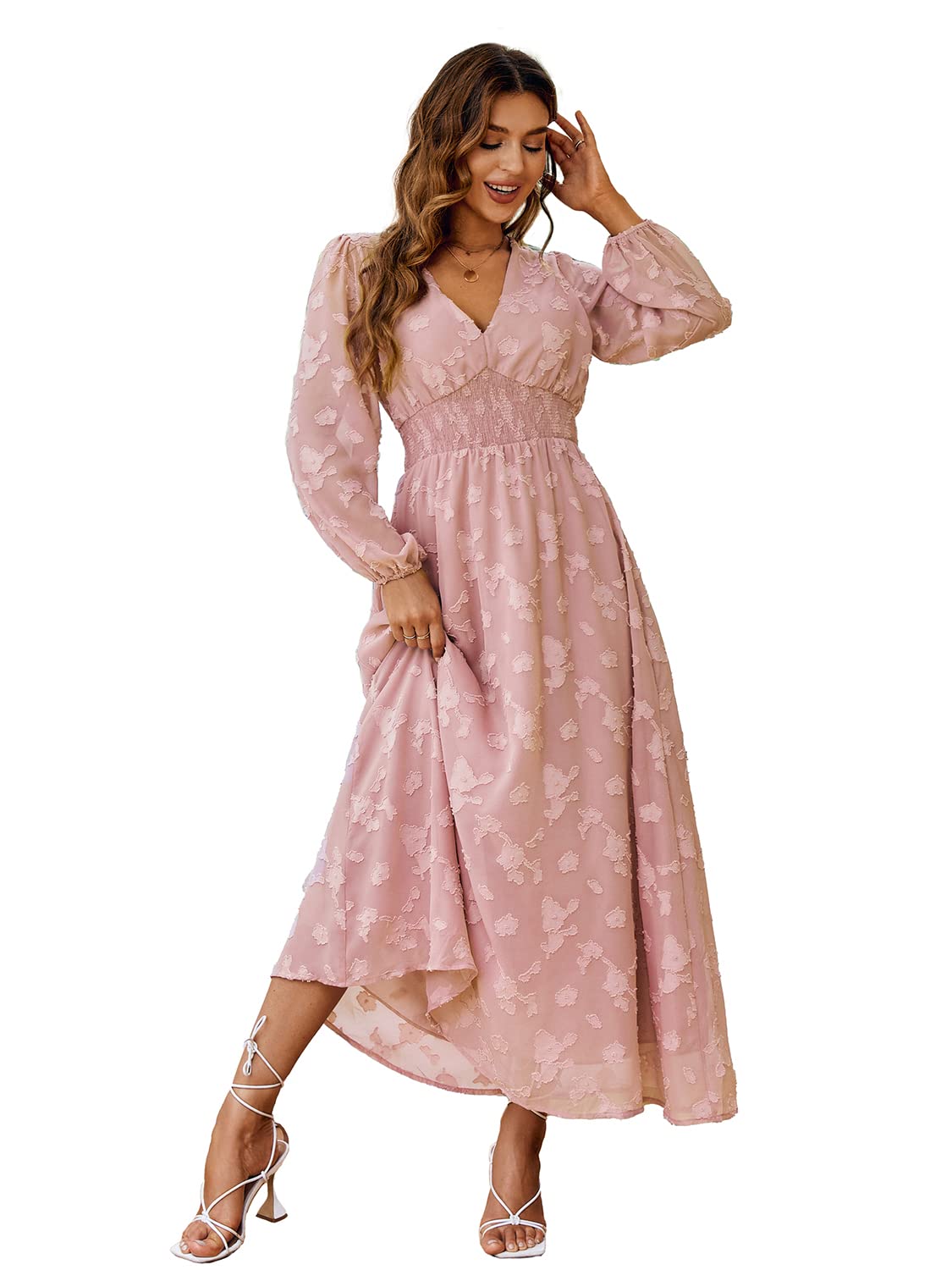 Simplee Women's Boho Floral V Neck Long Sleeve Formal Maxi Ruffle Dress Long Flowy Bridesmaid Wedding Party Evening Dress