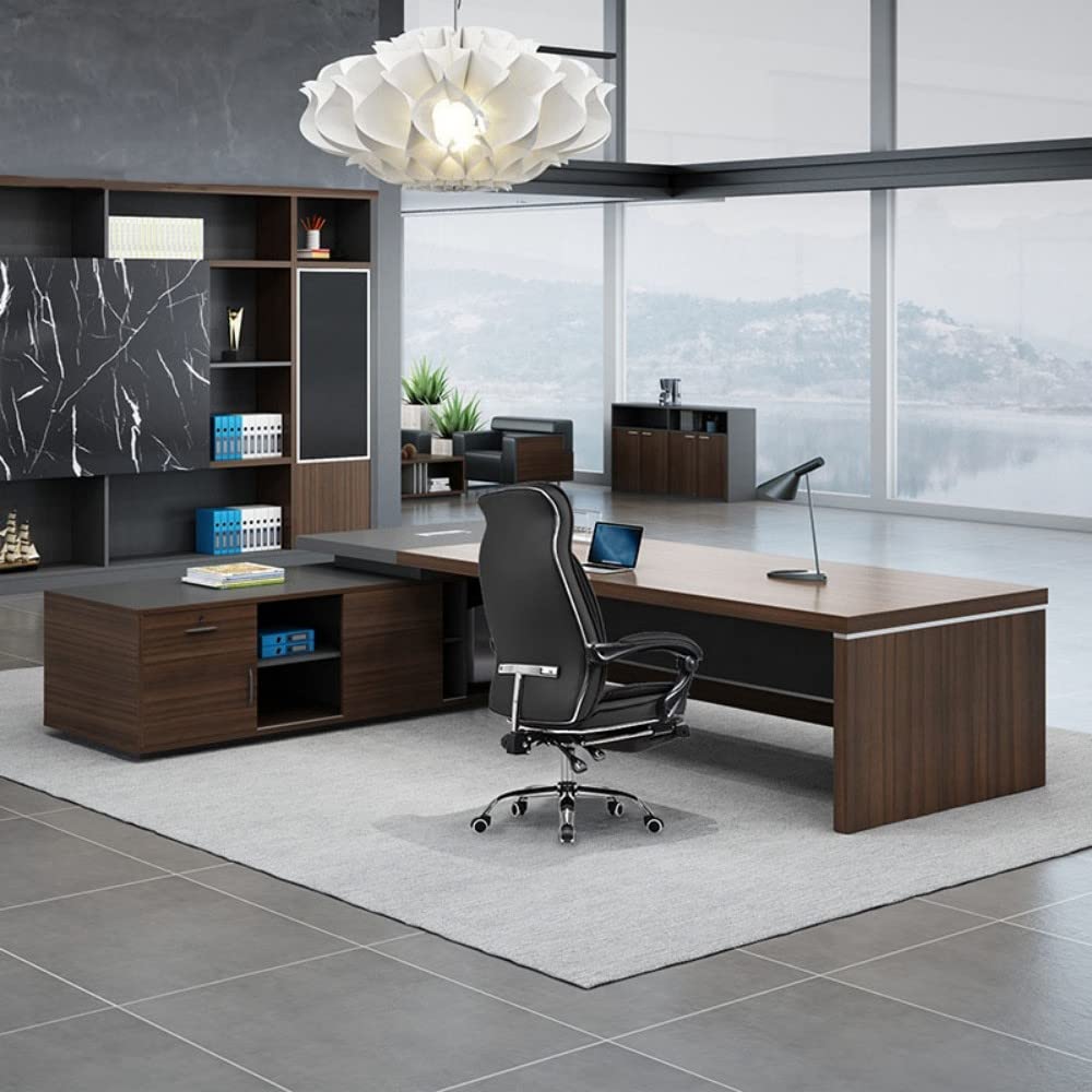 RUNNUP Contemporary Home Office Desk L-Shaped Wooden Executive Desk with Locking Drawer Brown Computer Desk - Left - 63" L x 71" W x 30" H