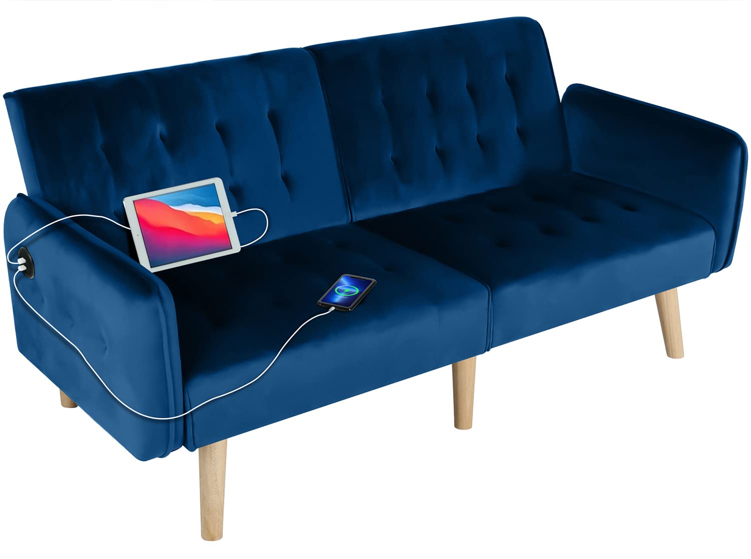 TYBOATLE 65"W Velvet Modern Convertible Folding Futon Couch Sofa Bed w/ 2 USB Charging Ports and Arms, Loveseat for Compact Living Space, Dorm, Game Studio, Bonus Room, Apartment, Bedroom (Navy Blue)