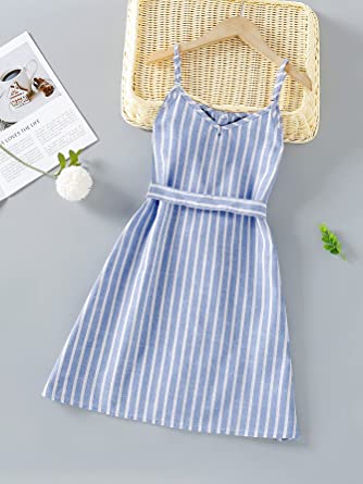          Romwe Girl's Cute Striped Spaghetti Strap Button Front Belted Summer Cami Dress Blue and White 150 Blue Striped Print        