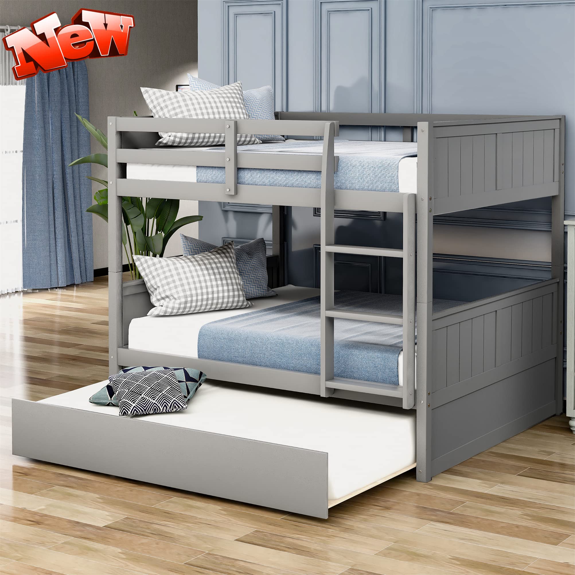 Ninowokc Latest Upgraded & Stronger Solid Wood Bunk Bed Full Over Full with Trundle, Convertible Design, Safer Reinforced Full Over Full Size Bunk Bed Frame Bunkbeds (Easier Assembly) (Gray), Grey