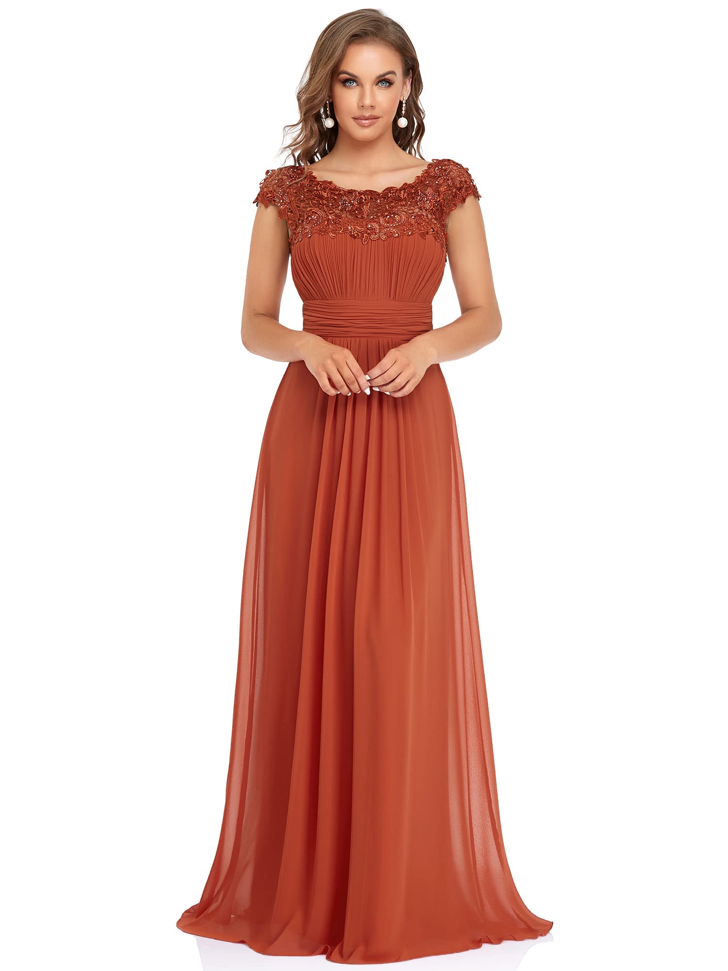 Women's Cap Sleeve Chiffon Neckline Ruched Lace Formal Evening Gowns 09993