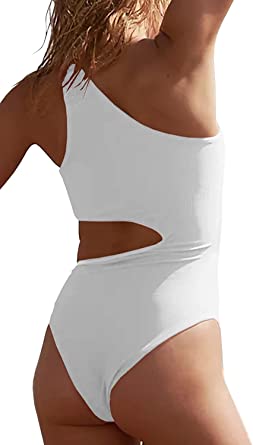          Women's One Piece Ribbed Swimsuit One Shoulder Cutout Swimwear Sexy Bathing Suit        