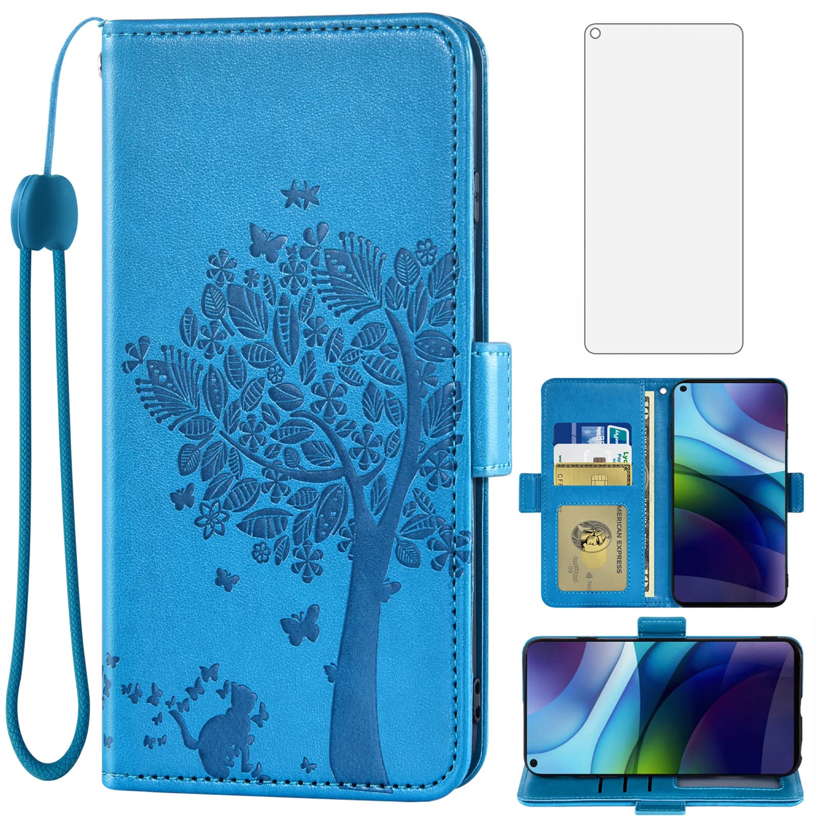 Asuwish Compatible with Moto G Stylus 2021 4G Wallet Case and Tempered Glass Screen Protector Flip Wrist Strap Card Holder Cell Phone Cover for Motorola GStylus 6.8 Stylo XT2115DL XT2115-1 Men Blue