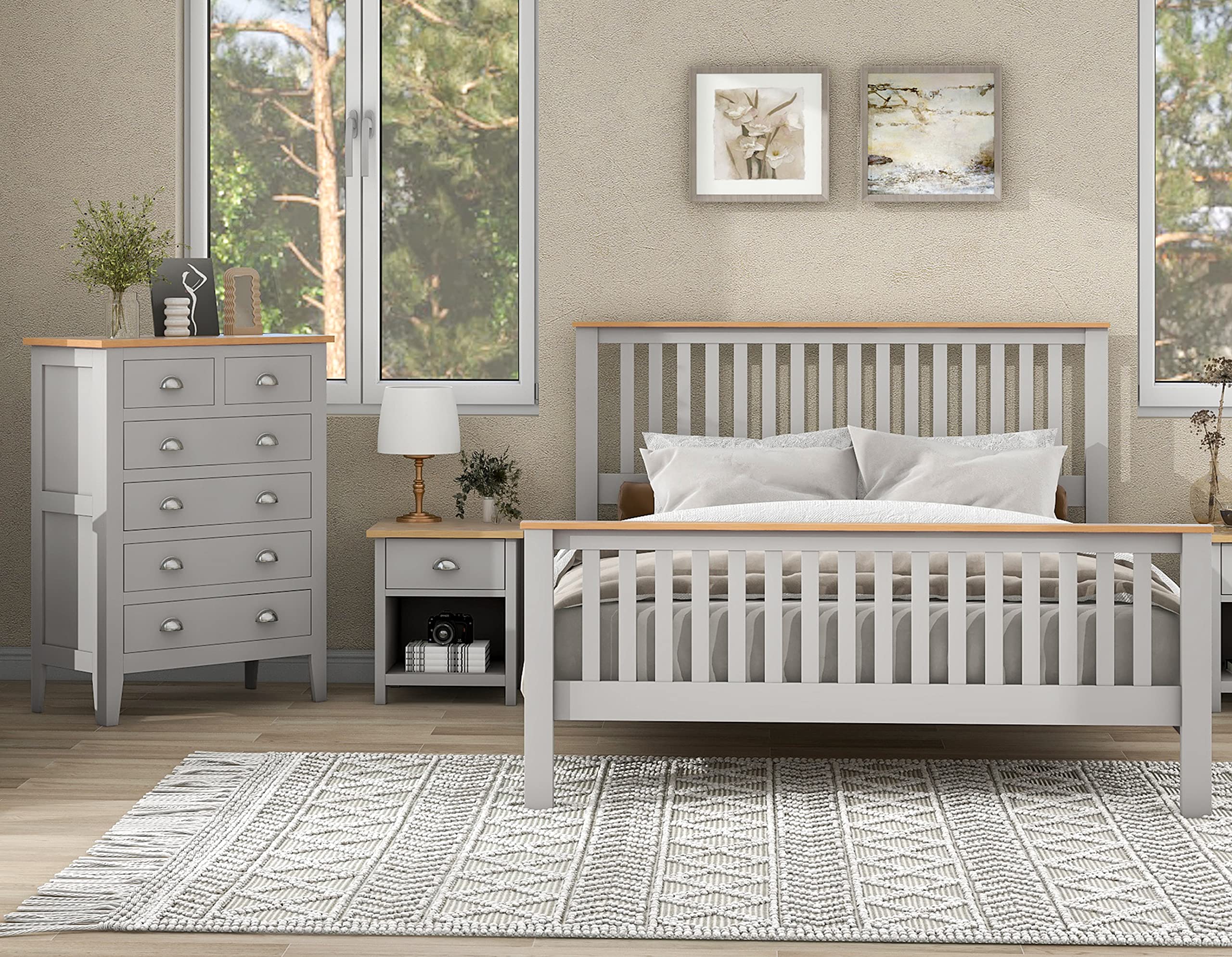 Harper & Bright Designs 3-Piece Queen Bedroom Set, Country Style Wooden Bedroom Furniture Set Included Queen Size Bed Frame, Nightstand and 6 Drawers Chest for Kids Teens Adults, Grey+Oak