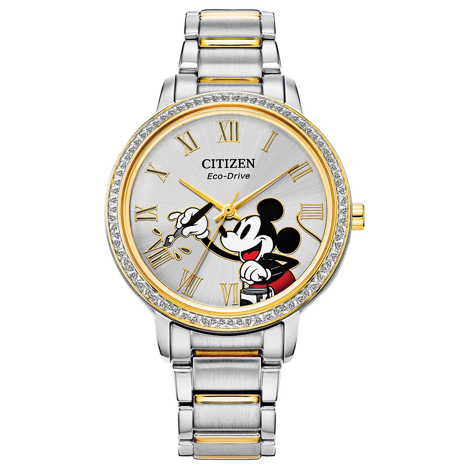 Eco-Drive Disney Quartz Womens Watch, Stainless Steel, Crystal, Mickey Mouse, Two-Tone (Model: FE7044-52W)