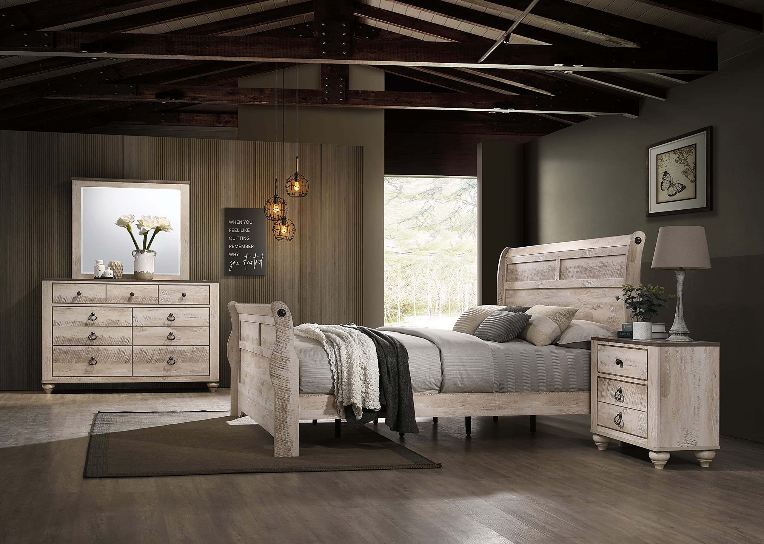 Roundhill Furniture Imerland Contemporary Bedroom Set with Queen Sleigh Bed, Dresser, Mirror, Nightstand, White Wash Finish