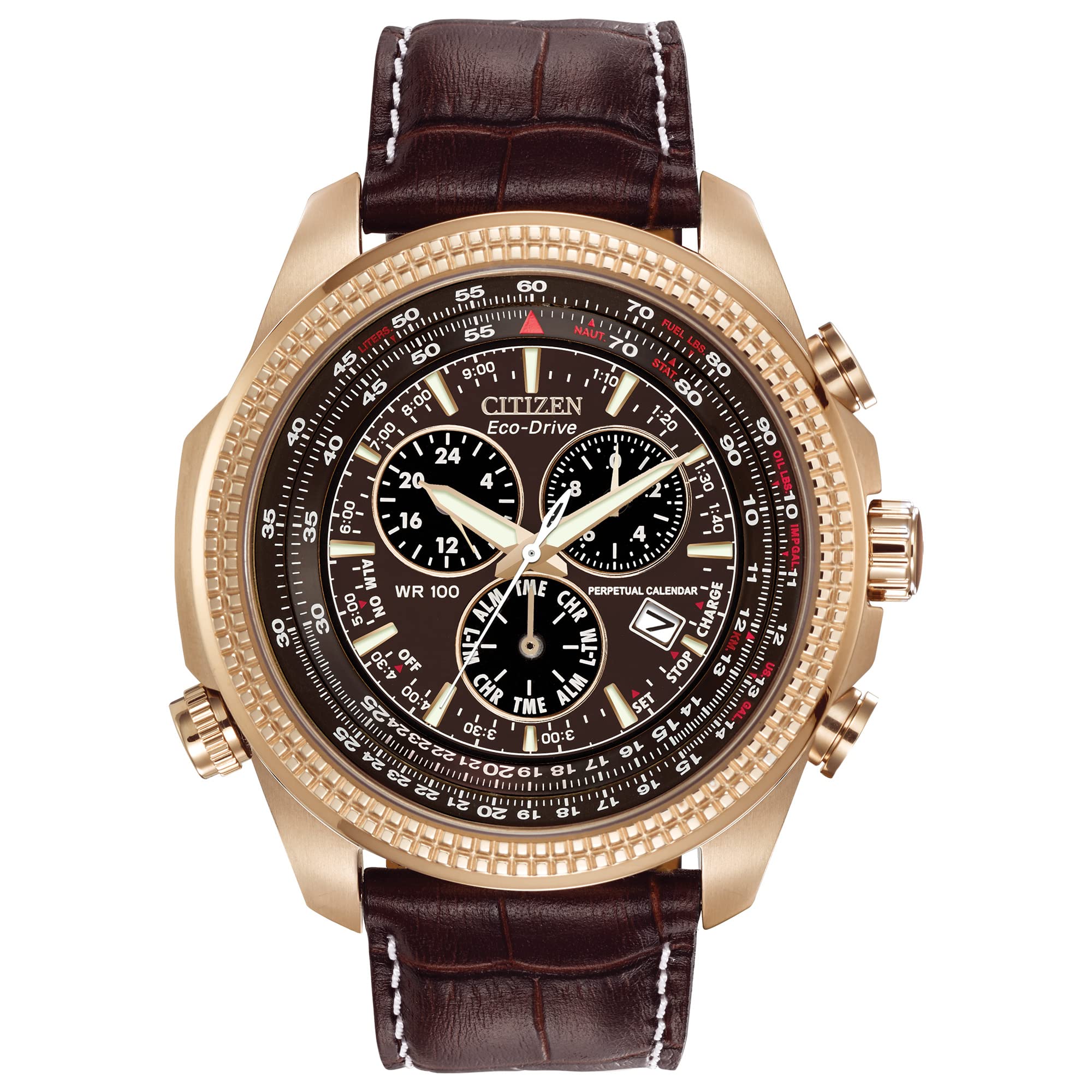 Men's Eco-Drive Weekender Brycen Chronograph Watch in Gold-tone Stainless Steel, Brown Leather strap (Model: BL5403-03X)