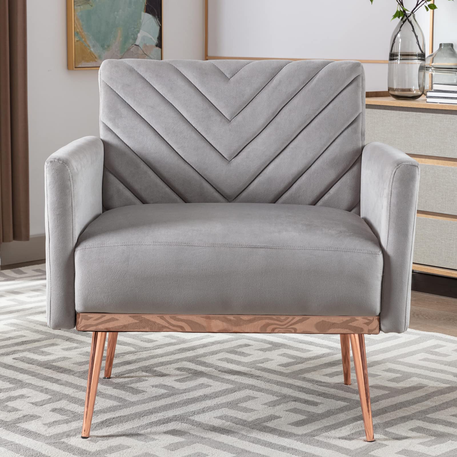ONPNO Velvet Accent Chair for Living Room, Upholstered Comfy Arm Chair with Golden Metal Legs, Modern Tufted Single Sofa Chair for Reading Club Bedroom Office (Grey)