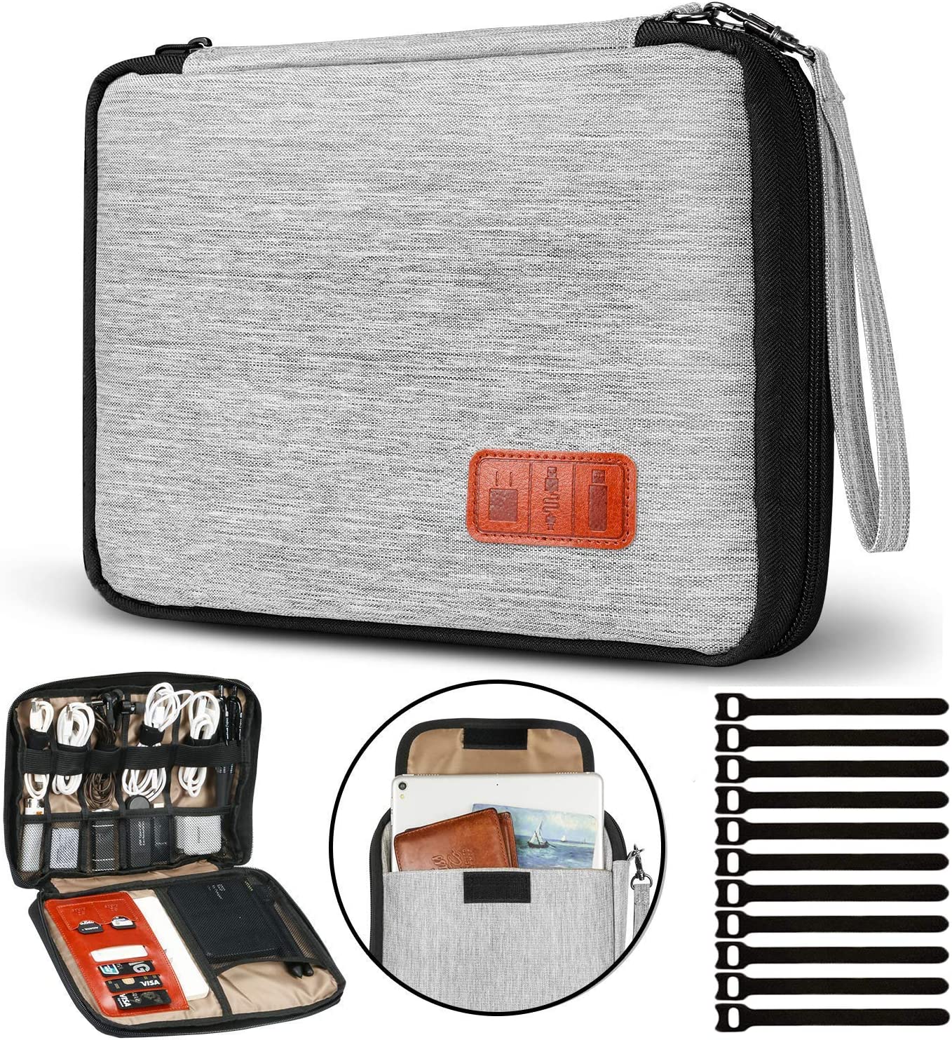         Electronic Organizer Waterproof Portable Travel Cable Accessories Bag Soft Case with 10pcs Cable Ties for USB Drive Phone Charger Headset Wire SD Card Power Bank (Grey 10.6x8 in)       