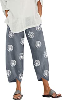 Womens Capri Dandelion Pants for Summer Beach,Elastic Waist Cropped Pants