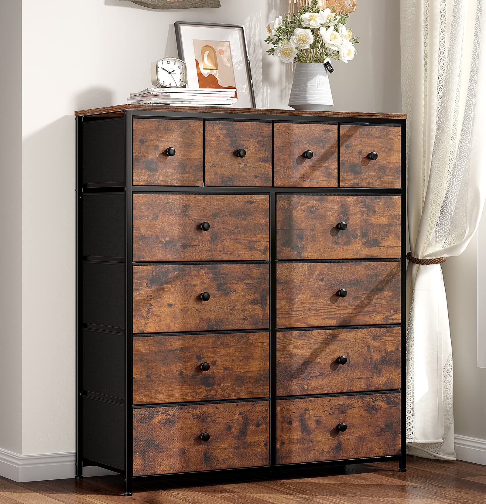 EnHomee Dresser for Bedroom with 12 Drawers, Tall Dresser with Wooden Top and Metal Frame, Fabric Storage Drawer Dresser & Chest of Drawers for Bedroom Closet, 40.6"W x 11.8"D x 43.7"H, Rustic Brown