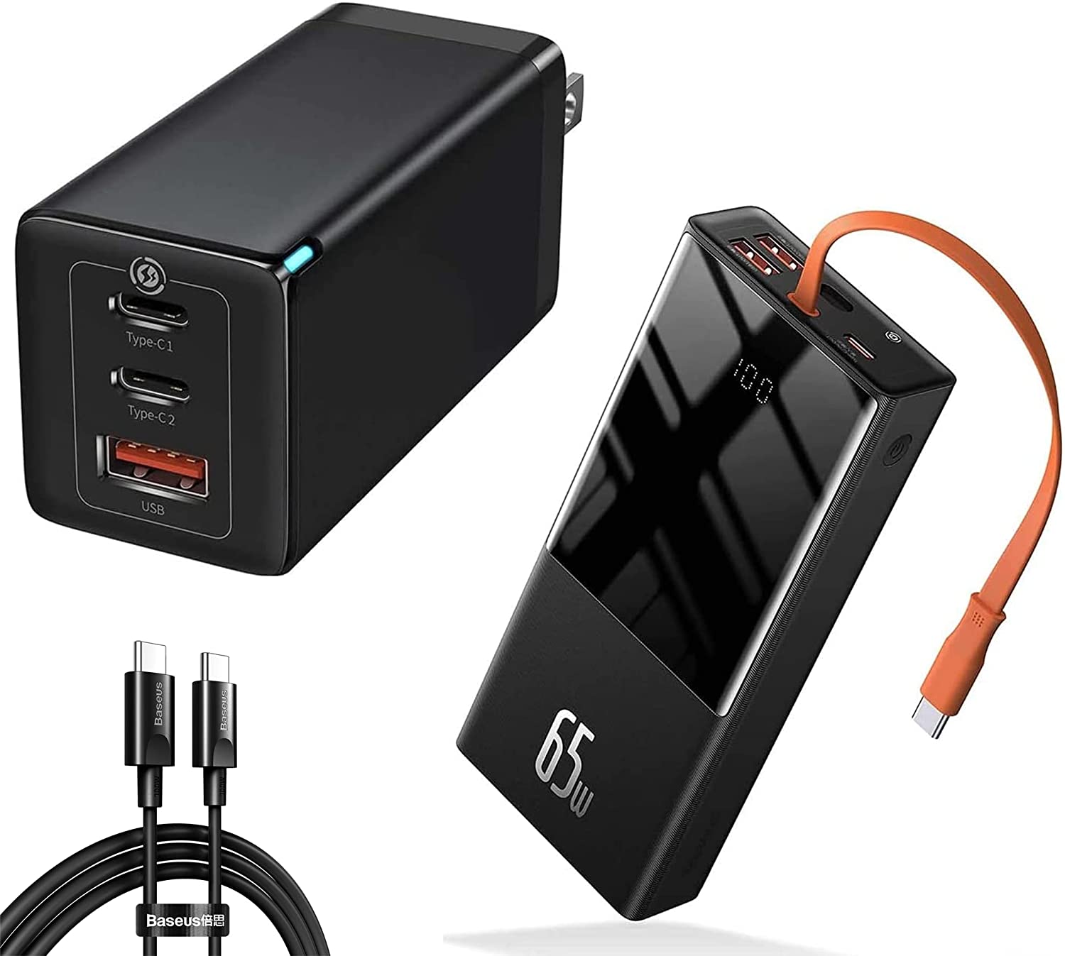         Baseus 65W Portable Laptop Power Bank Bundle 65W Wall Charger, for Lenovo, HP, Dell, MacBook Pro, iPhone, Samsung and More       
