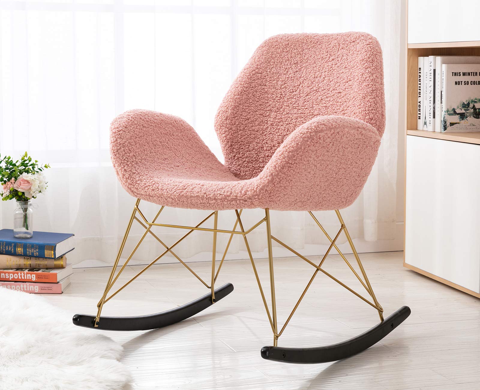 chairus Modern Rocking Chair Living Room Accent Chair Lamb Wool Armchair Single Sofa Chair with Solid Wood Legs for Playroom, Bedroom and Small Space, Pink