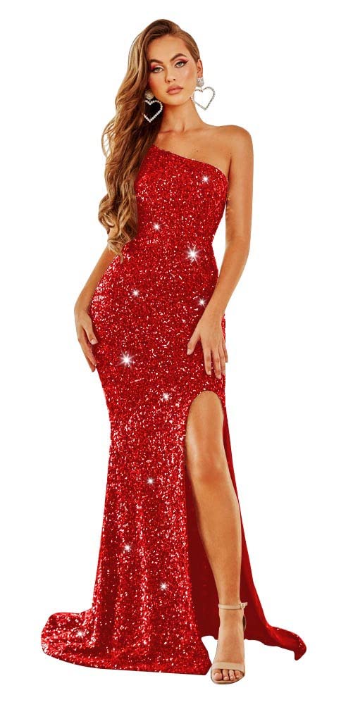 Women’s Long Sleeve V-Neck Sequin Prom Dresses with Slit Mermaid Glitter Formal Dress CM169