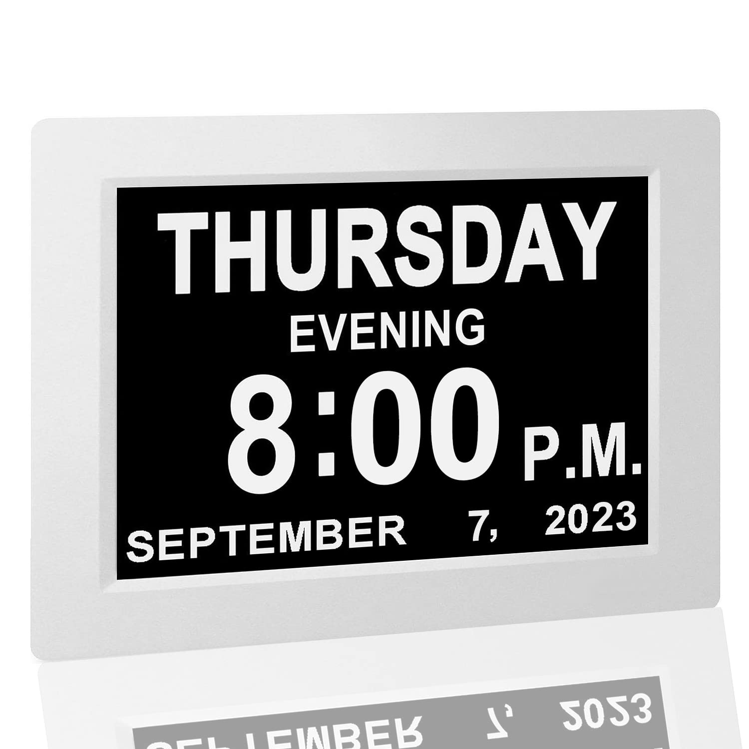 JALL 【Upgraded】 Digital Calendar Alarm Day Clock - with 8" Large Screen Display, am pm, 5 Alarm, for Extra Large Impaired Vision People, The Aged Seniors, The Dementia, for Desk, Wall Mounted, White