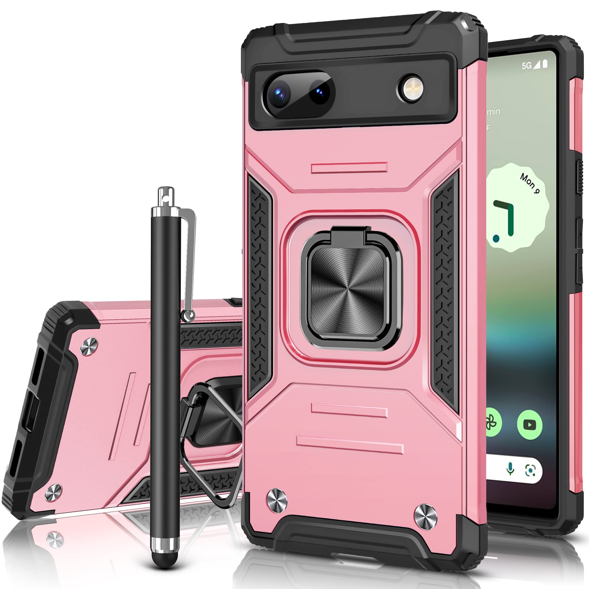 YATWIN Compatible with Google Pixel 6a Case,Military Rugged Heavy Duty Cell Phone Cover with Magnetic Ring Kickstand,TPU Bumper+Hard PC Hybrid Shockproof Pixel 6a Phone Case with Stylus-Rose Gold