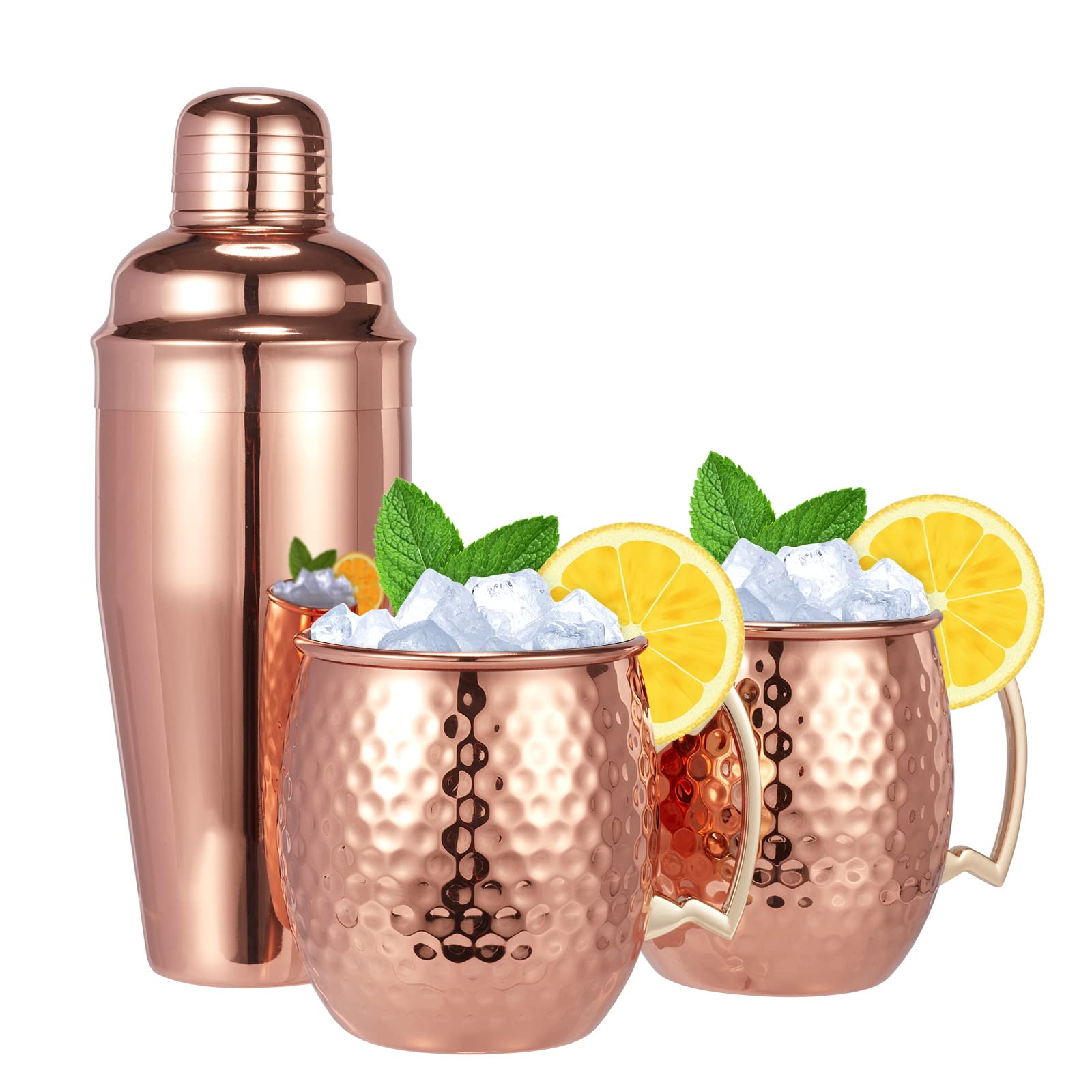 TABLEWARE MELODY Moscow Mule Mugs Set of 3-Hammered Moscow Mule Mugs Drinking cup with 24oz Cocktail Shaker-Great Dining Entertaining bar Gift Set (Mug Set of 3 -cocktail shaker included)