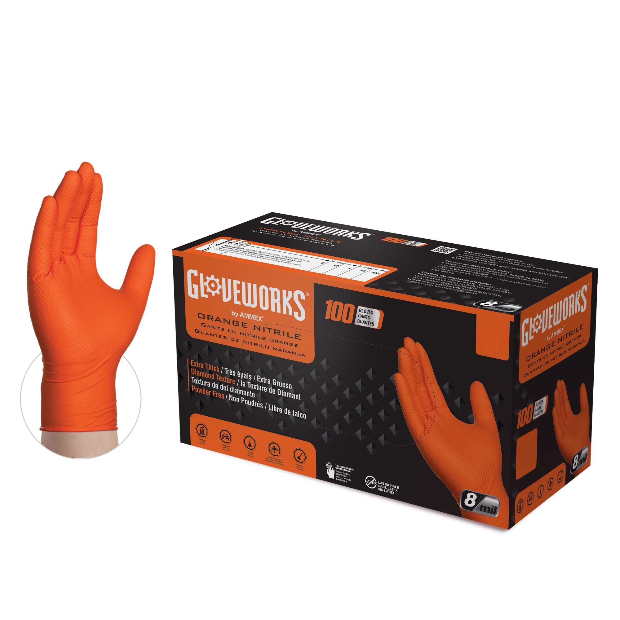 GLOVEWORKS HD Orange Nitrile Disposable Gloves, 8 Mil, Latex and Powder Free, Industrial, Food Safe, Raised Diamond Texture